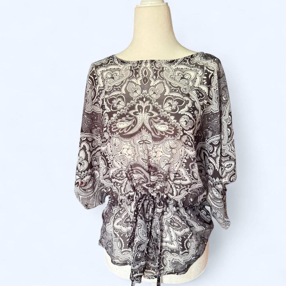 Black and white paisley mandala print sheer blouse